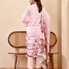 Linen Pale Pink Digital Printed Embroidered Kurta With Pant Dupatta Set