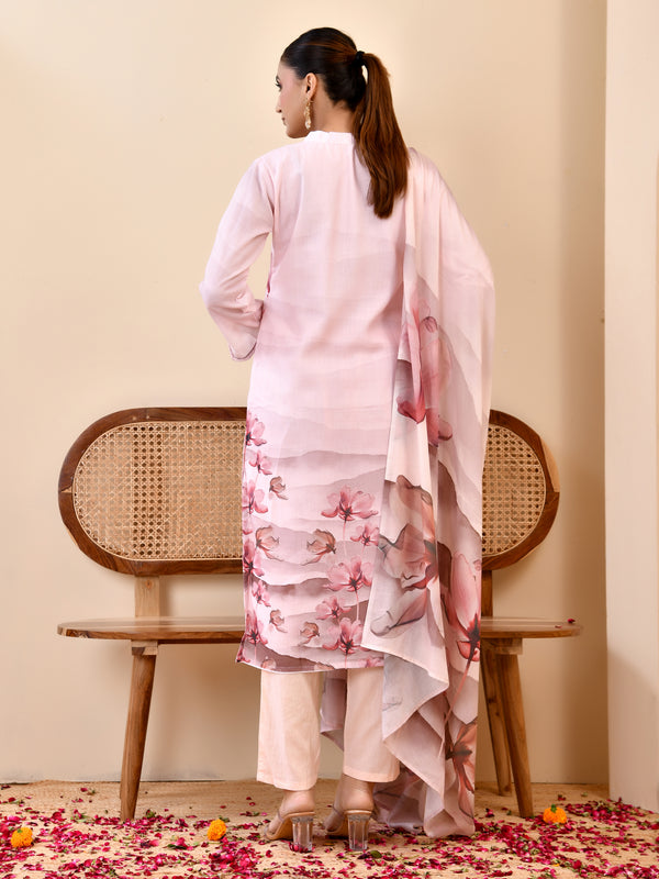 Linen Pale Pink Digital Printed Embroidered Kurta With Pant Dupatta Set