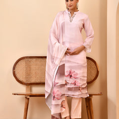 Linen Pale Pink Digital Printed Embroidered Kurta With Pant Dupatta Set