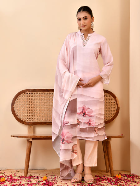 Linen Pale Pink Digital Printed Embroidered Kurta With Pant Dupatta Set