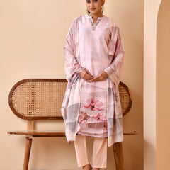 Linen Pale Pink Digital Printed Embroidered Kurta With Pant Dupatta Set
