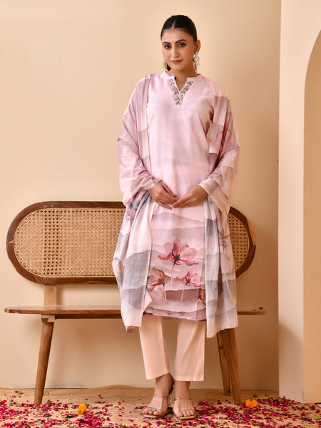 Linen Pale Pink Digital Printed Embroidered Kurta With Pant Dupatta Set
