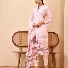 Linen Pale Pink Digital Printed Embroidered Kurta With Pant Dupatta Set