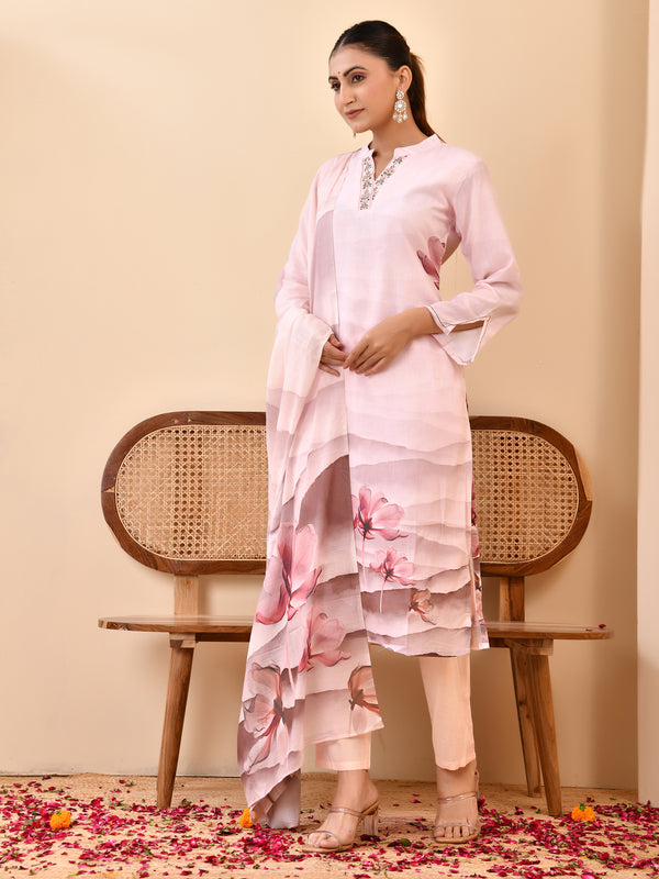 Linen Pale Pink Digital Printed Embroidered Kurta With Pant Dupatta Set