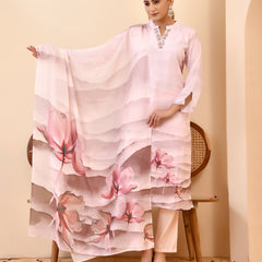 Linen Pale Pink Digital Printed Embroidered Kurta With Pant Dupatta Set