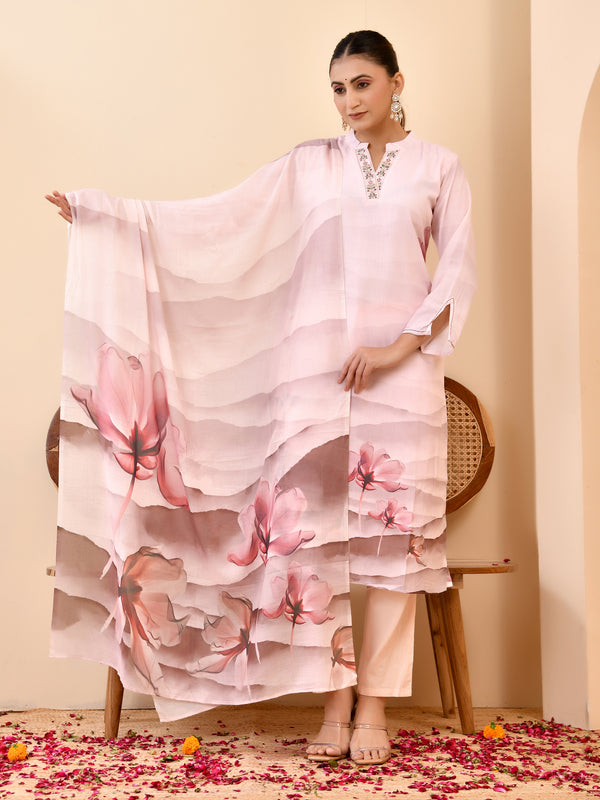 Linen Pale Pink Digital Printed Embroidered Kurta With Pant Dupatta Set