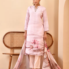 Linen Pale Pink Digital Printed Embroidered Kurta With Pant Dupatta Set