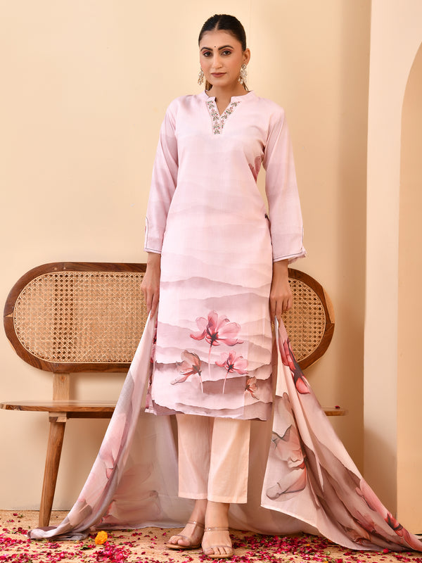 Linen Pale Pink Digital Printed Embroidered Kurta With Pant Dupatta Set