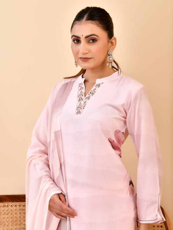 Linen Pale Pink Digital Printed Embroidered Kurta With Pant Dupatta Set
