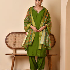 Chanderi Grass Green Solid Embroidered Kurta Pant Set With Printed Dupatta Set