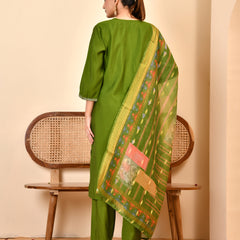 Chanderi Grass Green Solid Embroidered Kurta Pant Set With Printed Dupatta Set