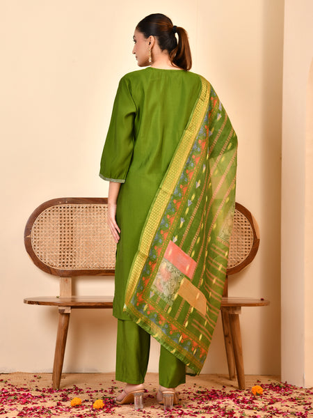 Chanderi Grass Green Solid Embroidered Kurta Pant Set With Printed Dupatta Set