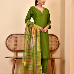 Chanderi Grass Green Solid Embroidered Kurta Pant Set With Printed Dupatta Set