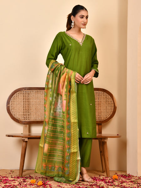 Chanderi Grass Green Solid Embroidered Kurta Pant Set With Printed Dupatta Set