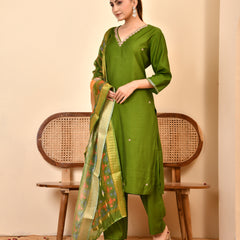 Chanderi Grass Green Solid Embroidered Kurta Pant Set With Printed Dupatta Set