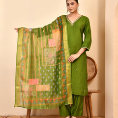 Chanderi Grass Green Solid Embroidered Kurta Pant Set With Printed Dupatta Set