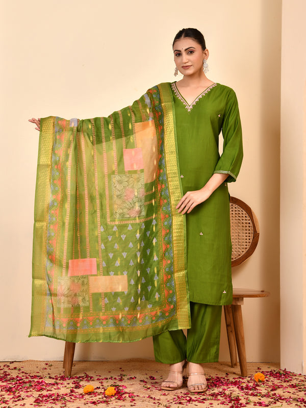 Chanderi Grass Green Solid Embroidered Kurta Pant Set With Printed Dupatta Set