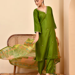 Chanderi Grass Green Solid Embroidered Kurta Pant Set With Printed Dupatta Set