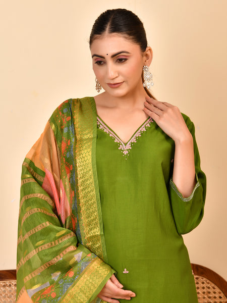 Chanderi Grass Green Solid Embroidered Kurta Pant Set With Printed Dupatta Set