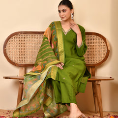 Chanderi Grass Green Solid Embroidered Kurta Pant Set With Printed Dupatta Set