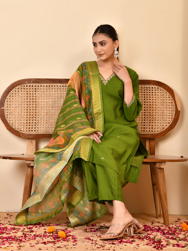 Chanderi Grass Green Solid Embroidered Kurta Pant Set With Printed Dupatta Set