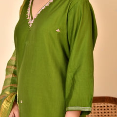 Chanderi Grass Green Solid Embroidered Kurta Pant Set With Printed Dupatta Set