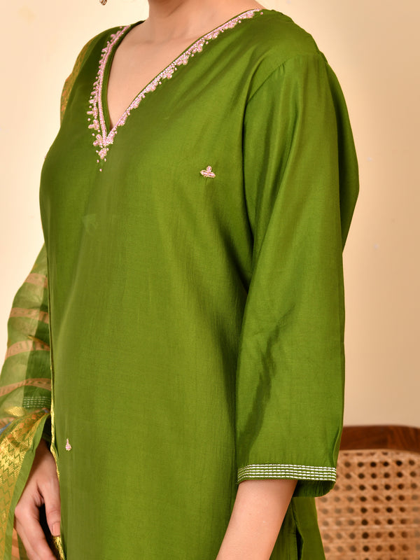 Chanderi Grass Green Solid Embroidered Kurta Pant Set With Printed Dupatta Set