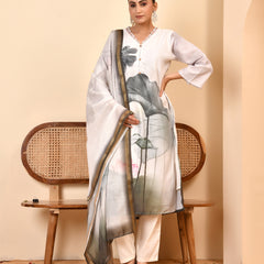 Linen Cream Digital Printed Embroidered Kurta With Pant Pupatta Set