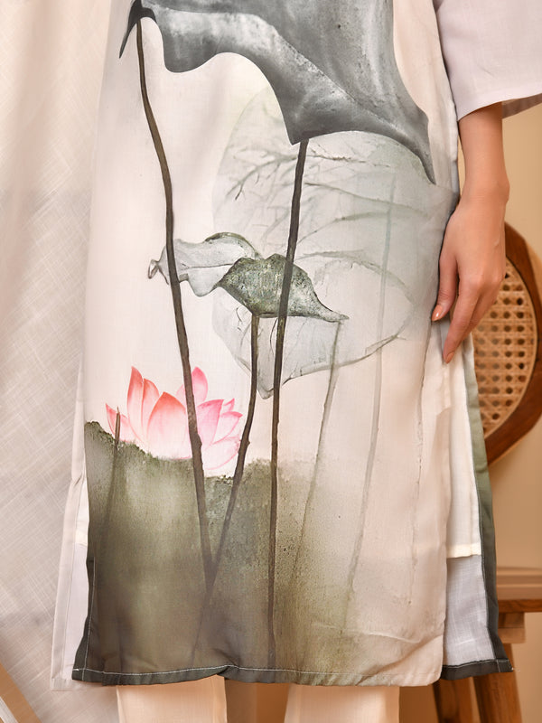 Linen Cream Digital Printed Embroidered Kurta With Pant Pupatta Set