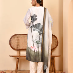 Linen Cream Digital Printed Embroidered Kurta With Pant Pupatta Set