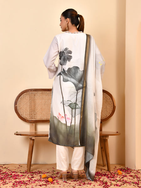 Linen Cream Digital Printed Embroidered Kurta With Pant Pupatta Set