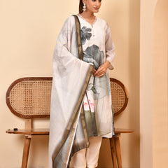 Linen Cream Digital Printed Embroidered Kurta With Pant Pupatta Set