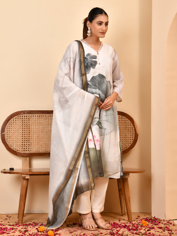 Linen Cream Digital Printed Embroidered Kurta With Pant Pupatta Set