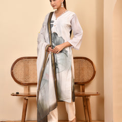 Linen Cream Digital Printed Embroidered Kurta With Pant Pupatta Set