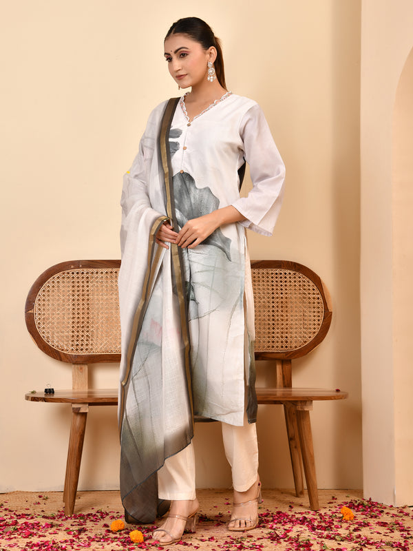 Linen Cream Digital Printed Embroidered Kurta With Pant Pupatta Set