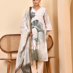 Linen Cream Digital Printed Embroidered Kurta With Pant Pupatta Set