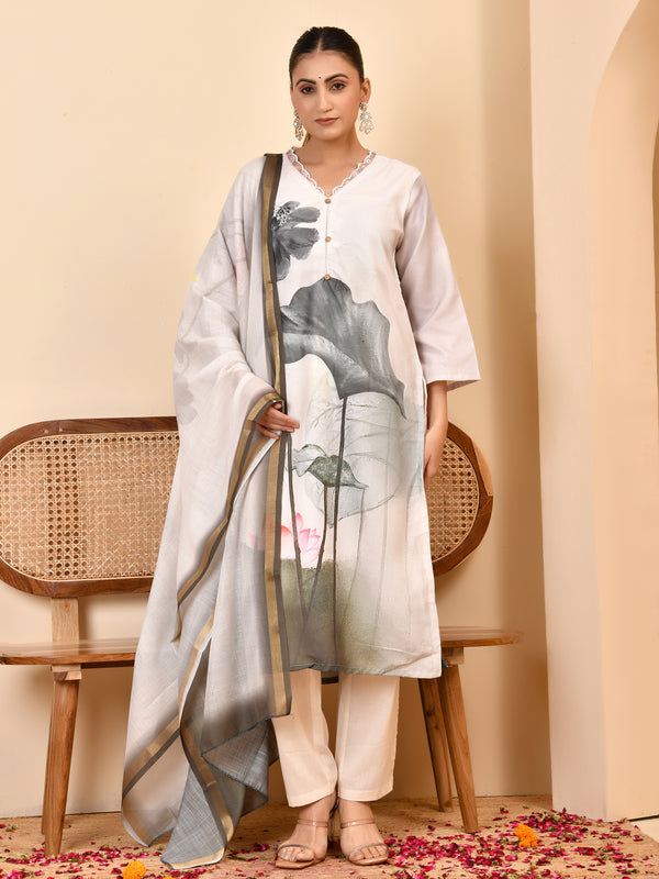 Linen Cream Digital Printed Embroidered Kurta With Pant Pupatta Set