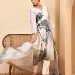 Linen Cream Digital Printed Embroidered Kurta With Pant Pupatta Set