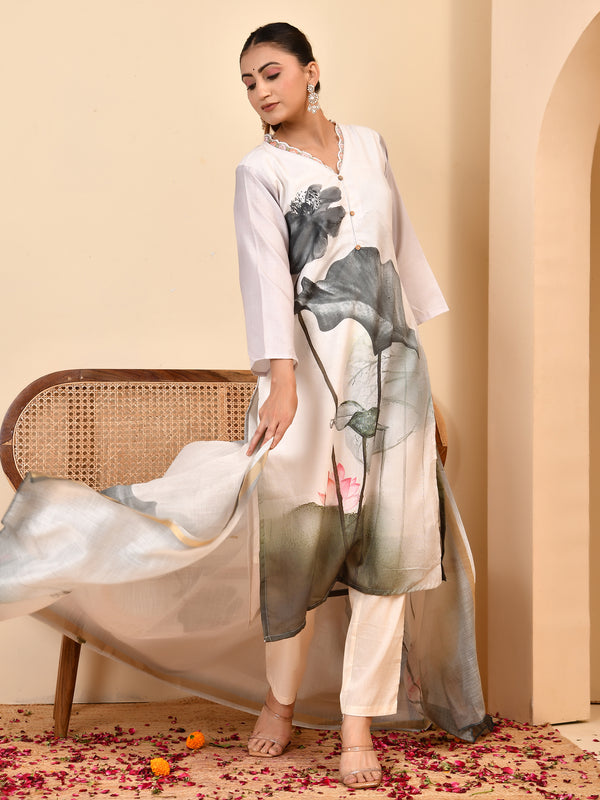 Linen Cream Digital Printed Embroidered Kurta With Pant Pupatta Set