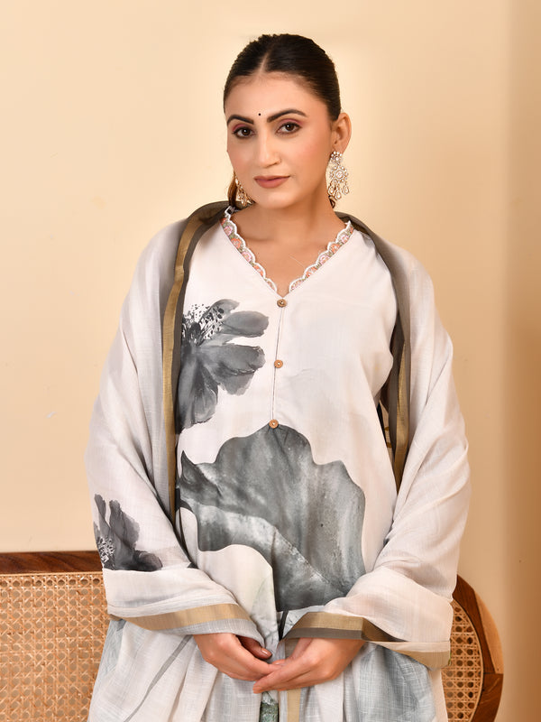Linen Cream Digital Printed Embroidered Kurta With Pant Pupatta Set
