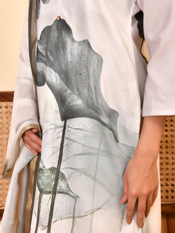 Linen Cream Digital Printed Embroidered Kurta With Pant Pupatta Set