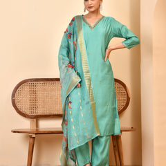 Chanderi V neck Hand Embroidered Aqua Solid  kurta Pant Set With Printed Dupatta Set