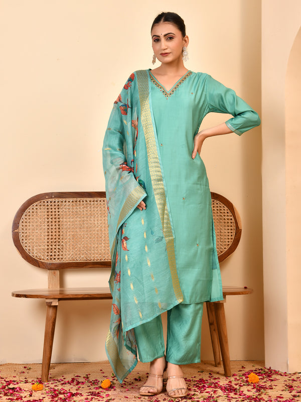 Chanderi V neck Hand Embroidered Aqua Solid  kurta Pant Set With Printed Dupatta Set