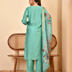 Chanderi V neck Hand Embroidered Aqua Solid  kurta Pant Set With Printed Dupatta Set