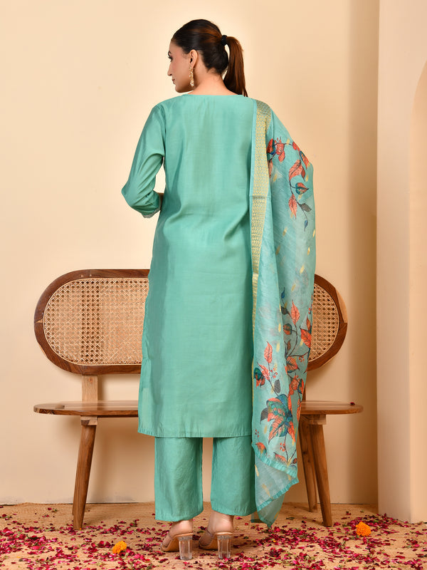 Chanderi V neck Hand Embroidered Aqua Solid  kurta Pant Set With Printed Dupatta Set