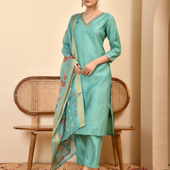 Chanderi V neck Hand Embroidered Aqua Solid  kurta Pant Set With Printed Dupatta Set