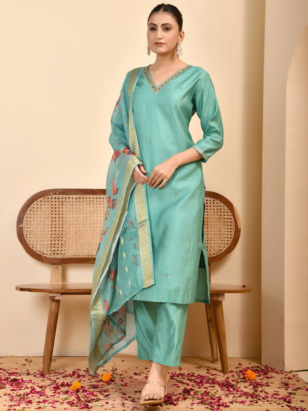 Chanderi V neck Hand Embroidered Aqua Solid  kurta Pant Set With Printed Dupatta Set
