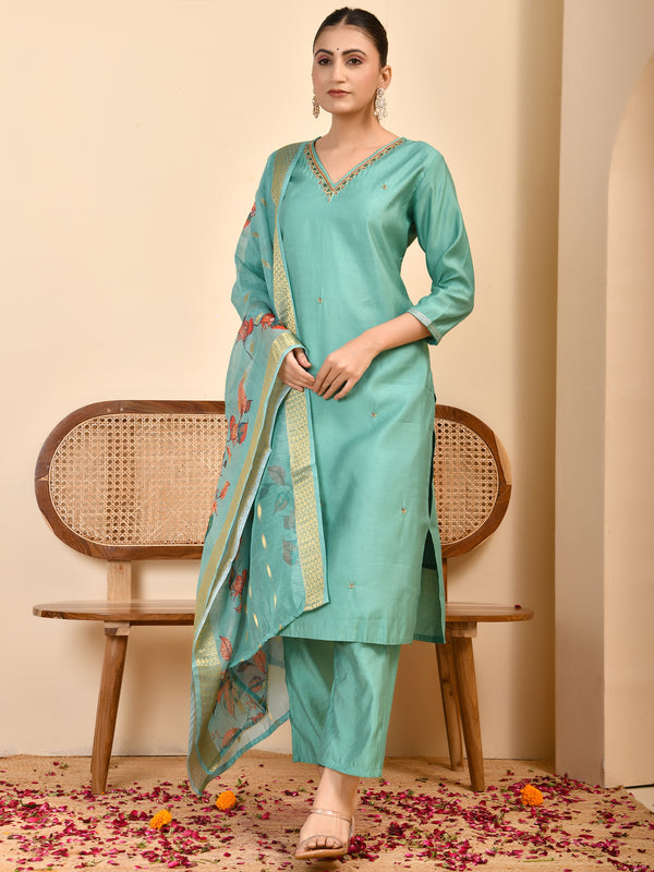 Chanderi V neck Hand Embroidered Aqua Solid  kurta Pant Set With Printed Dupatta Set