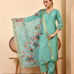 Chanderi V neck Hand Embroidered Aqua Solid  kurta Pant Set With Printed Dupatta Set