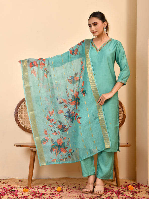 Chanderi V neck Hand Embroidered Aqua Solid  kurta Pant Set With Printed Dupatta Set